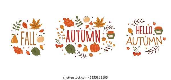 Collection of colored beautiful autumn stickers pack. Autumn hand drawn lettering vector set. Cozy design elements decorative bundle. All objects are separated. Hand drawn. Vector illustration.