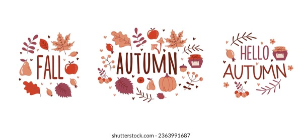 Collection of colored beautiful autumn stickers pack. Autumn hand drawn lettering vector set. Cozy design elements decorative bundle. All objects are separated. Hand drawn. Vector illustration.