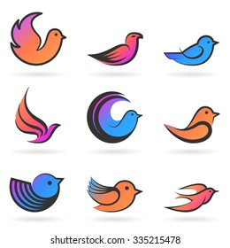 Collection of colored Bird shapes and logos on white background.Vector illustration. Bird logo. Bird set. Bird image. Bird shapes.