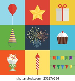 Collection of colored birthday party icons in flat style