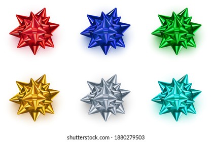 Collection of colored bow ribbons isolated on white background. Realistic shiny bow for card, gift box, greeting card, wrapping present. Festive decorative element for design. Vector illustration