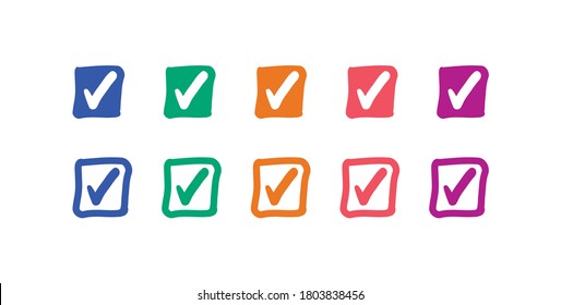 Collection of colored buttons with checkmark icon. Vector illustration.	