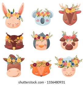 Collection colored cartoon animals. Vector flat illustration.