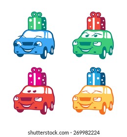 Collection of colored cartoon car with present box. Vector illustration