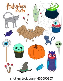 collection of colored cartoon characters for Halloween, vector elements for design
