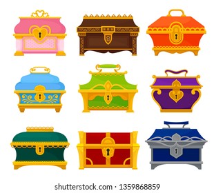 Collection of colored chests on white background.