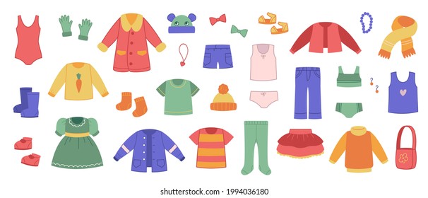 Collection of colored children s clothing. Vector Set of wardrobe items. Children s clothing for winter and summer. Isolated clipart dress, accessories and trousers on a white background fun