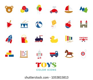 Collection of colored childrens toys vector icons on white background