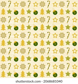 Collection of colored christmas decorations, asterisk, candy cane, snowflake, christmas tree textured, modern flat design. Seamless illustration for printed materials, posters, business cards, web.
