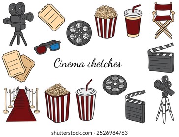 Colección de la cámara coloreada del equipo del cine, tira de la película, tablero de la palmada, caja rayada del cartón con las palomitas de maíz, bebida de cola, boletos para ver la película, manera de la alfombra roja, silla del director. Dibujado a mano boceto de Vector