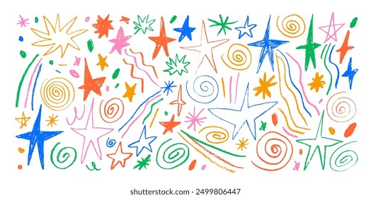 Colección de Formas de estrellas dibujadas con lápiz de colores, cometas, espirales y garabatos. Iconos infantiles dibujados a mano cósmicos. Doodle Formas espaciales incompletas. Abstractas garabatos y garabatos de lápiz, varias estrellas.