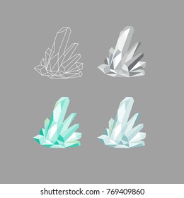 Collection of colored crystals on gray background.Isolated geometric shapes. Polygonal shapes.