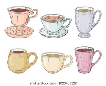 A collection of colored cups. Hand drawn. Vector illustration.