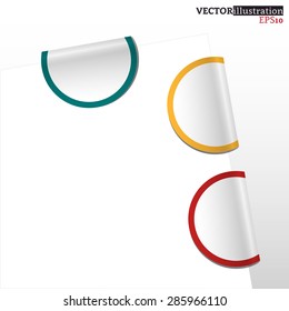 Collection of colored curled label bookmarks - red, yellow and blue. Vector illustration.