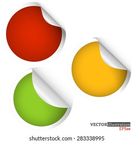 Collection of colored curled sticky cirles - red, orange, yellow. Vector iilustration.