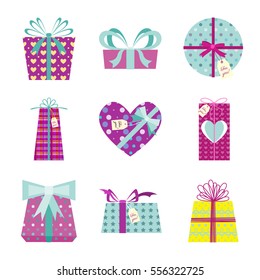 Collection of colored decorative gifts. Set of vector gift boxes.Isolated vector illustration on white background.