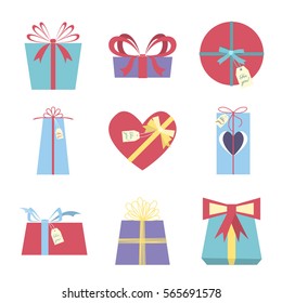 Collection of colored decorative gifts. Set of vector gift boxes.Isolated vector illustration on white background.