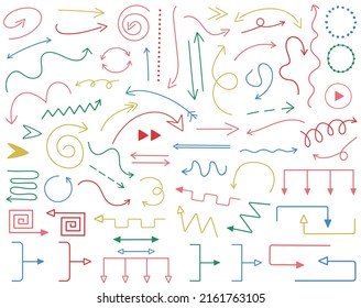 Collection of colored doodle arrows, pointers. Vector set of hand drawn arrows isolated on white background.