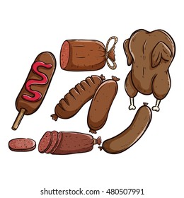 collection of colored doodle chicken meat with salami and sausage