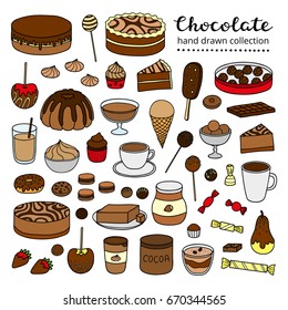 Collection of colored doodle chocolate and cocoa products, sweets, desserts, cakes, fruits isolated on white background.