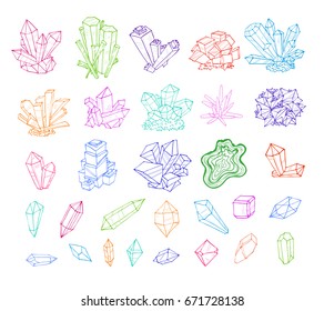 Collection of colored doodle crystals on white background. Vector illustration.