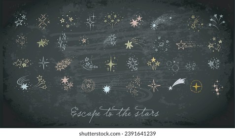 Collection of colored doodle star clasters and constellations on blackboard background. Vector sketch illustration