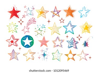 Collection of colored doodle stars on white background.