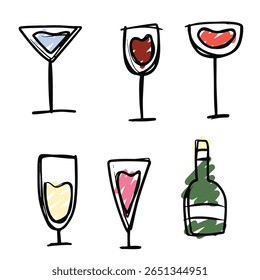 A collection of colored doodles of liquor. Colorful liquor icons. Adorable, colorful and cute doodles. Simple icons. Doodle icon set. Hand drawn liquor.