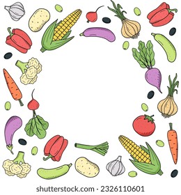 Collection of colored drawing vegetables in doodle style. A set of vector illustrations of the harvest corn potatoes carrots radishes beets garlic onions tomatoes, etc.