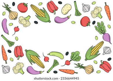 Collection of colored drawing vegetables in doodle style. A set of vector illustrations of the harvest corn potatoes carrots radishes beets garlic onions tomatoes, etc.