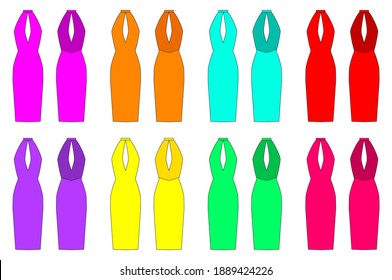 Collection of colored dresses. Dress patterns for sewing. Front and back views. Evening outfit. Casual, business dress. Vector illustration