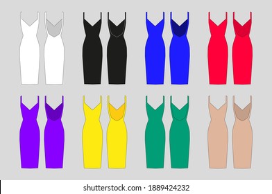 Colección de vestidos de color. Patrones de vestir para coser. Vistas frontal y posterior. Trato nocturno. Casual, vestido de negocios. Ilustración del vector