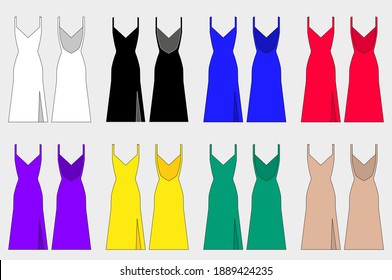 Kollektion von farbigen Kleider. Kleidermuster zum Nähen. Vorder- und Rückseite. Abendoutfit. Geschäftskleid. Vektorgrafik