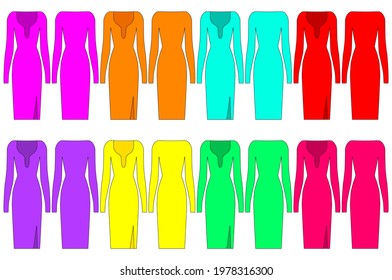 Collection of colored dresses. Dress patterns for sewing. Front and back views. Evening outfit. Casual, business dress. Vector illustration