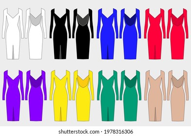 Collection of colored dresses. Dress patterns for sewing. Front and back views. Evening outfit. Casual, business dress. Vector illustration