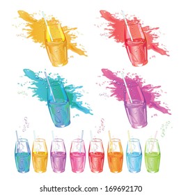 collection of the colored drinks in glasses with a straw on background sparks