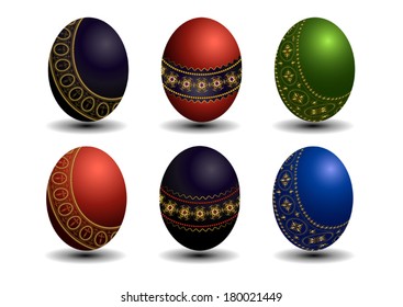 Collection colored Easter eggs with gold patterns 