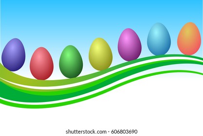 Collection of colored eggs. Eggs on waves. Stock vector