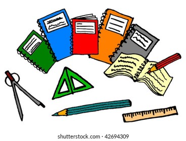 Collection of colored exercise books and school items - vector illustration