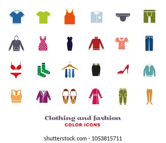 Collection of colored fashion and clothing vector icons on white background