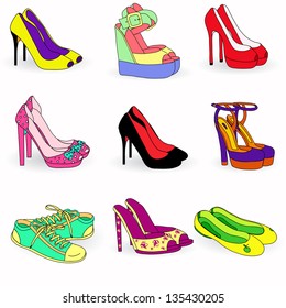 Collection of colored  fashion woman's  shoes for summer time