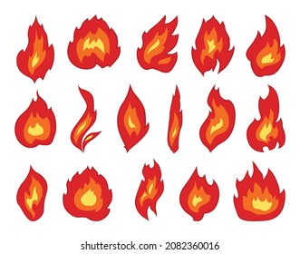 Collection of colored fire and flame icons isolated on white background.