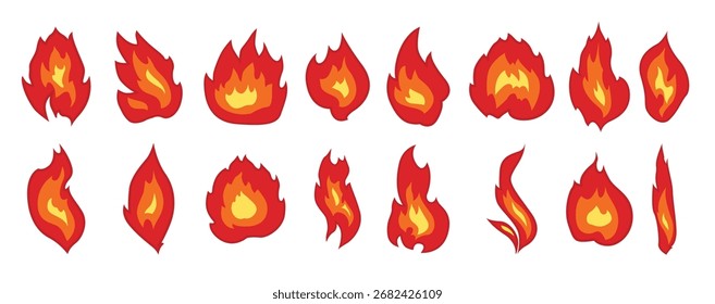 Colección de iconos de fuego y llama de colores aislados sobre fondo blanco.