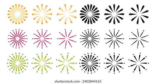 colección de iconos de fuegos artificiales de color. forma circular con icono de estrella. vector aislado en fondo blanco. diseño de adornos para eventos, celebraciones, festivales.
