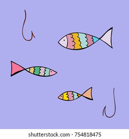 Collection of colored fish and fish hooks. Illustration for design of fabric, children's design, postcards and print.