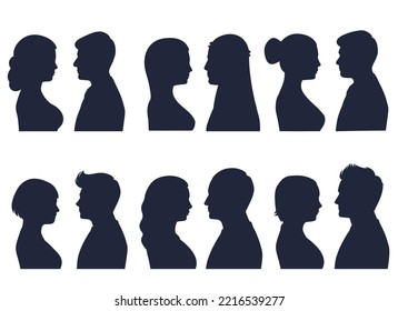 Collection of colored flat avatars with different human heads. Vector icons set, Handsome men and beautiful women. 
Abstract portraits, side view, isolated. Modern vector illustration.