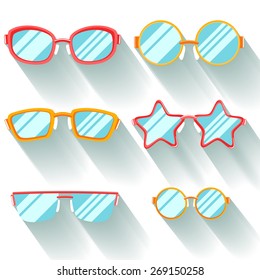Collection of colored flat glasses with long shadows. Sprockets, round, rectangular, slanted