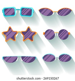 Collection of colored flat sunglasses with long shadows. Sprockets, round, rectangular, slanted