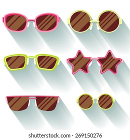 Collection of colored flat sunglasses with long shadows. Sprockets, round, rectangular, slanted