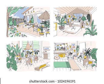 Collection Of Colored Freehand Drawings Of Cozy Apartment Furnished In Scandinavian Hygge Style. Set Of Rooms Full Of Modern Furniture. Stylish Home Interior Design. Hand Drawn Vector Illustration. 